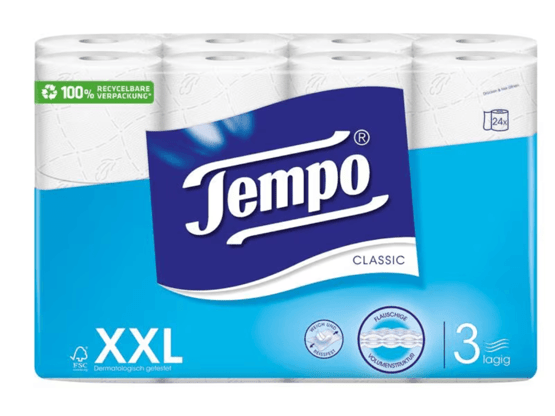 Tempo Toilet Paper Classic 24 rolls, 3-ply, white