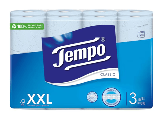 Tempo Toilet Paper Classic Blue 24 rolls, 3-ply, blue